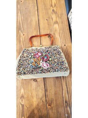 VTG Floral Beaded Handbag Tortoise Shell Handle Embellished Accents Elegant